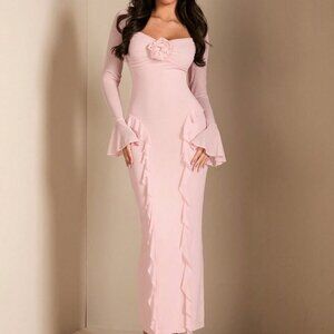 Pink Elegant Women's Floral Embellished Long Sleeve Dress